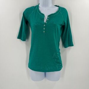Vintage American Eagle Henley Top XS Green Burnout 3/4 Sleeve Y2K Spellout